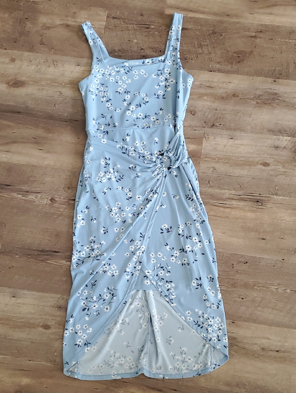 No Boundaries Light Blue Floral Knot-Front Midi Dress, Size S